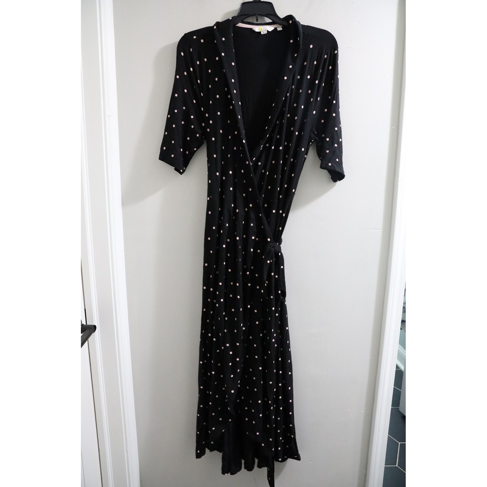 Boden Black Pink Polka Dot Wrap Midi Dress Elbow Sleeve J0700 US 12R UK 16R
